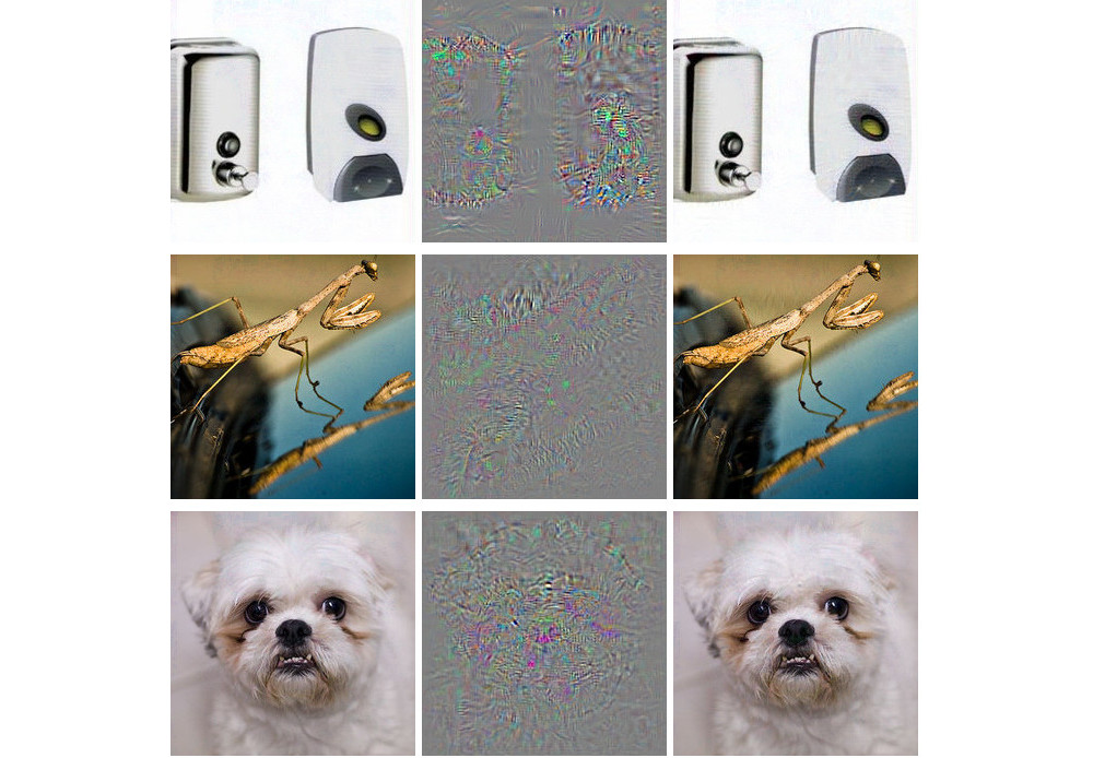 Adversarial examples for AlexNet by Szegedy et al. (2013). All images in the left column are correctly classified. The middle column shows the (magnified) error added to the images to produce the images in the right column all categorized (incorrectly) as "Ostrich". "Intriguing properties of neural networks", Figure 5 by Szegedy et al. CC-BY 3.0.