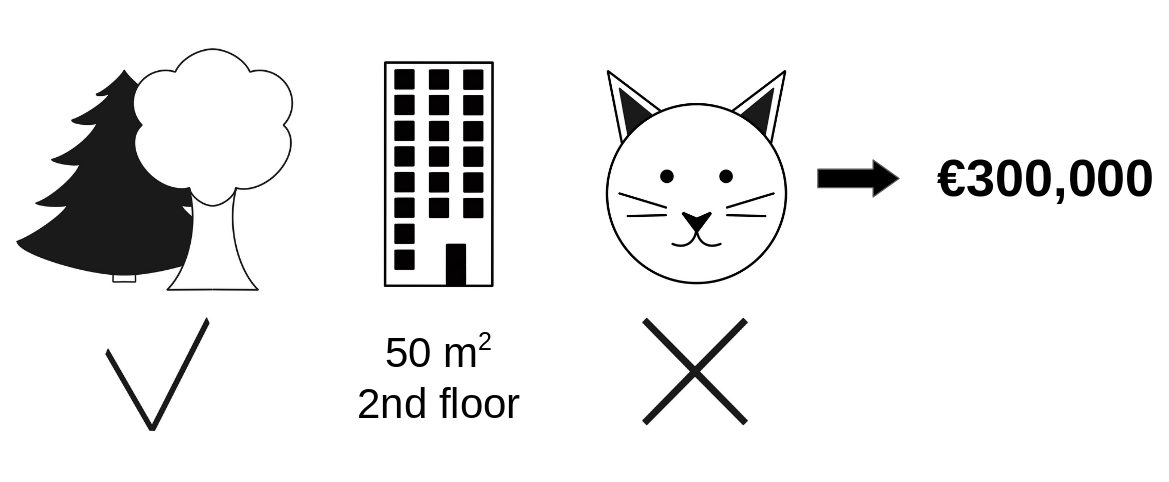 The predicted price for a 50 $m^2$ 2nd floor apartment with a nearby park and cat ban is €300,000. Our goal is to explain how each of these feature values contributed to the prediction.